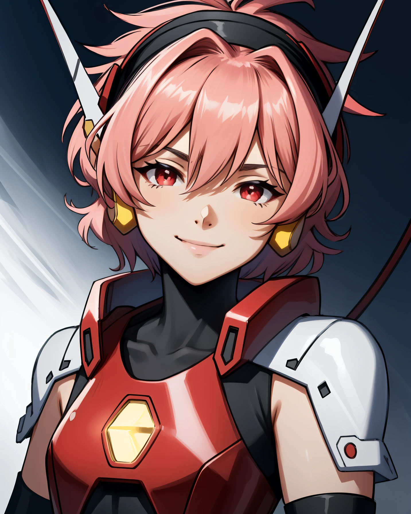 (masterpiece, best quality), absurdres, ultra-detailed portrait, 8k, <lora:Angelic_Layer-03:0.8>, hikaru1, layersuit, red eyes, smile, looking at viewer, highly detailed, volumetric lighting