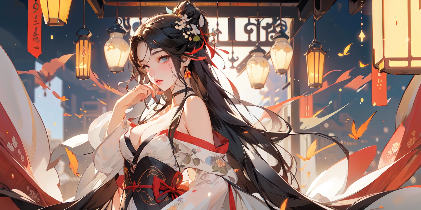 nsfw,(Masterpiece:1.2, high quality), (pixiv:1.4),cowboy shot,
Eyebrows like willow leaves, ,The face is as beautiful as a flower, the eyes are tender. Small waist, big breasts, revealing cleavage; Lips slightly open, seductive expression.
<lora:Chinese style_20230608163116-000018:0.8>