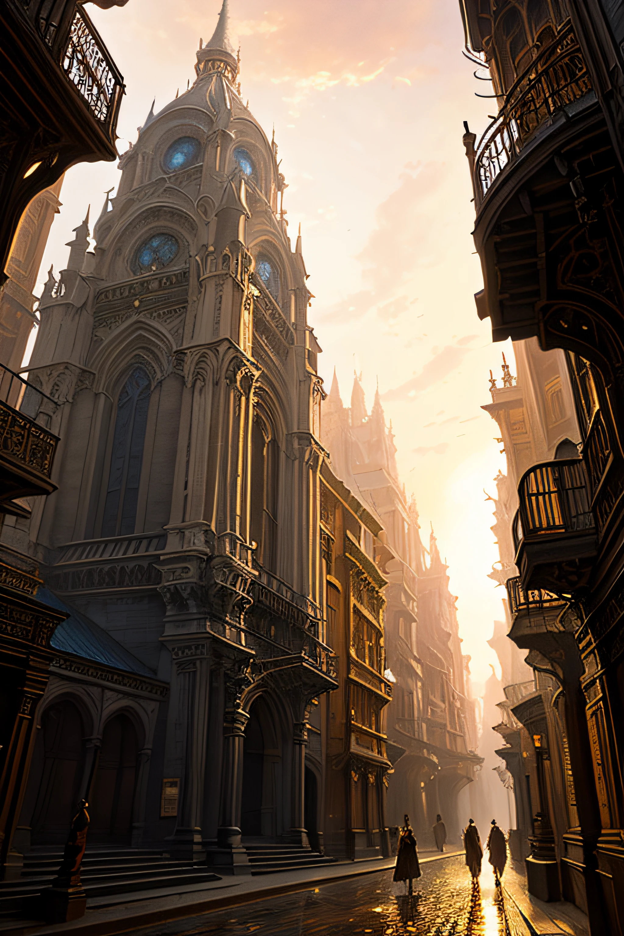 Sunrise, Fantasy, intricate city with dark alleyways, highly detailed, digital painting, artstation, concept art, sharp focus, illustration, art by greg rutkowski and alphonse mucha