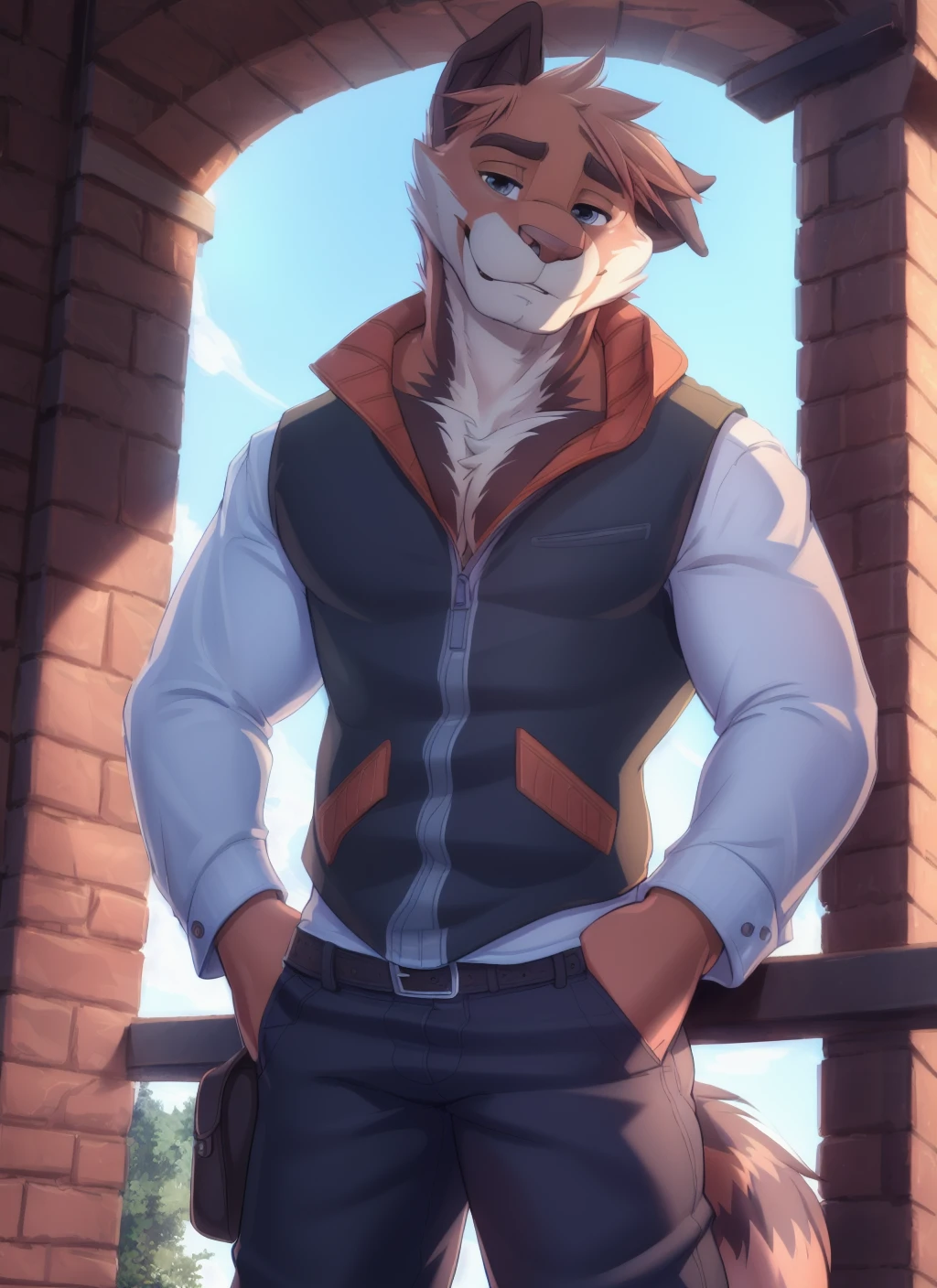 <lora:owen-07:1>, owen lorelei, solo, (soft shading), 4k, hi res, detailed face, detailed eyes, detailed, (full body), by zackarry911, by zaush, (by personalami:0.5), zootopia style, muscular, muscular male, bara, jacket, male focus, pants, looking at viewer