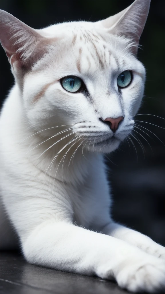 a white cat laying on the ground, (rainy streets in the background:1.2), ultra detailed fur, (night:1.2), (depth of field:1.1), night town, cinematic shot, emphasis lines, night, beautiful cat, outdoors, (rain:1.2), realistic, sky, water, (wet:1.2), 8k uhd, dslr, soft lighting, high quality, (Fujifilm XT3:1.2), teal (pink and yellow cat:1.2), award winning, close up beatiful cat eyes