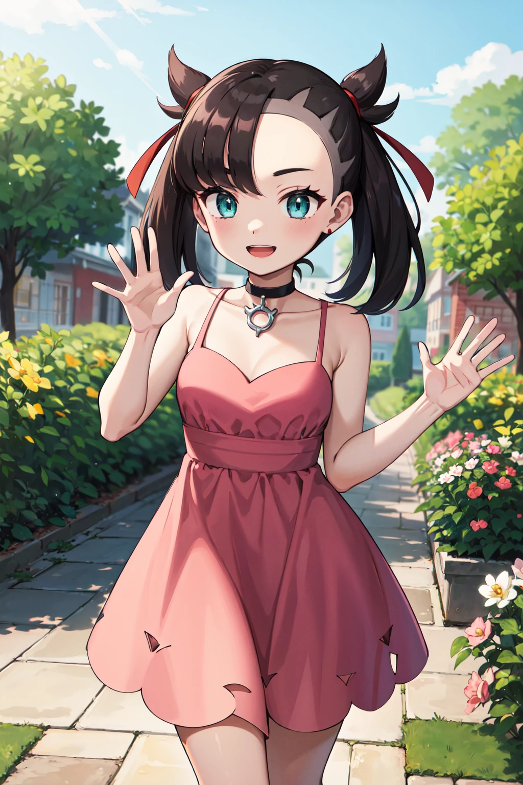 masterpiece, best quality, highres, hmmarnie, aqua eyes, black choker, red ribbon, pink dress, jewelry, <lora:marnie_v1:0.7>, standing, cowboy shot, waving, garden, smile, open mouth,