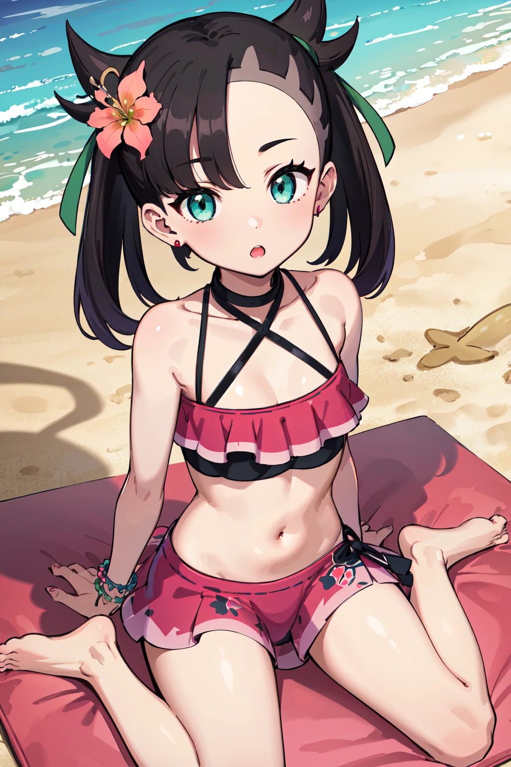 masterpiece, best quality, highres, hmmarnie, aqua eyes, green ribbon, hair flower, earrings, jewelry, halterneck, bracelet, navel, pink swimsuit, frilled bikini, sarong, <lora:marnie_v1:0.7>, beach, wariza, :o, sitting, barefoot,