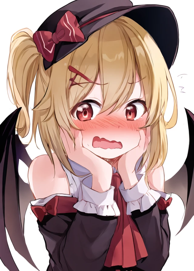 embarrassed, 1girl, blonde hair, blush, hat, red eyes, open mouth, solo focus, wings, ascot, side ponytail, mob cap, bow, headpat, clenched hands, upper body, wavy mouth, short hair
