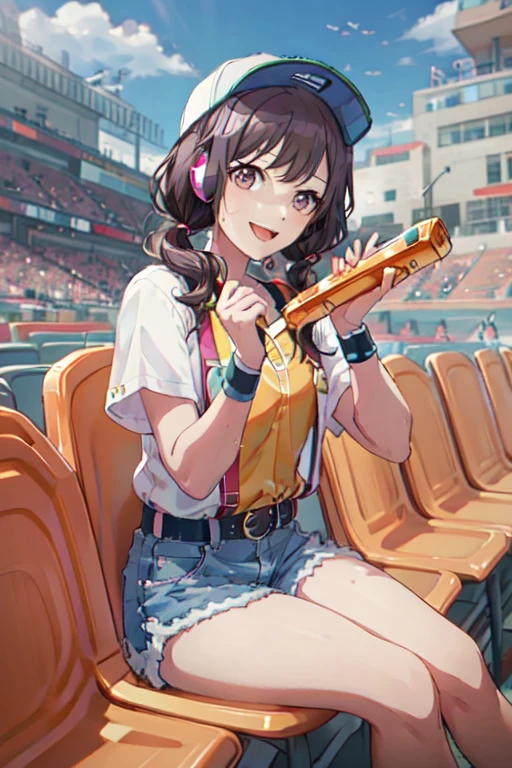 <lora:EnaOfficial-10:0.8>,highres , best quality, masterpiece, ena, 1girl, solo, looking at viewer, smile, open mouth, skirt, shirt, hair ornament, hat, holding, twintails, brown eyes, jewelry, sitting, purple hair, short sleeves, :d, frills, sky, shorts, striped, belt, cloud, medium hair, blurry, bracelet, blue sky, dutch angle, thigh strap, headphones, low twintails, suspenders, short twintails, wristband, hair over shoulder, baseball cap, vertical stripes, pink shirt, striped shirt, white shorts, visor cap, water gun, vertical-striped shirt, megaphone, frilled shorts