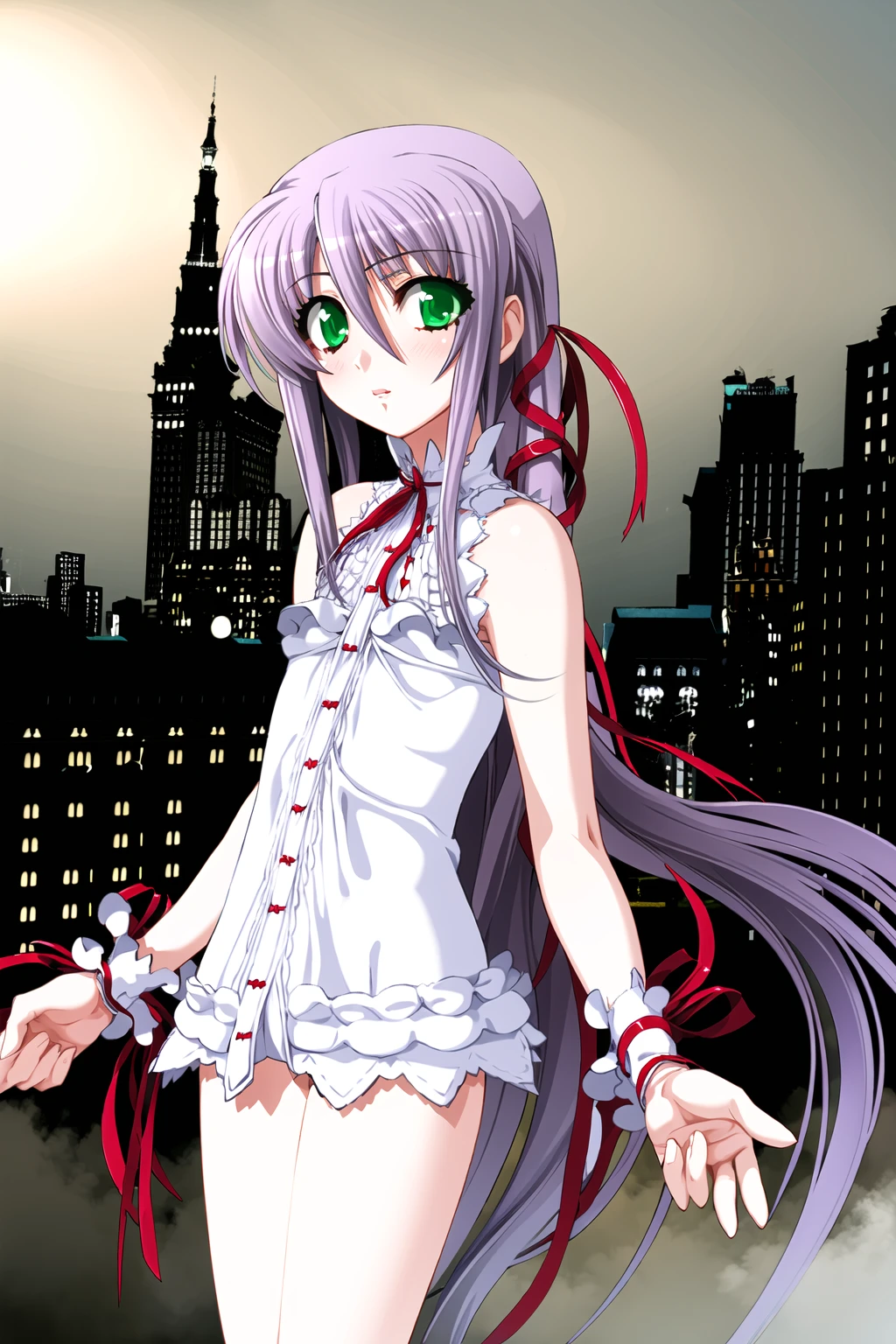 ((masterpiece, high quality, best quality)),
al azif, metropolis, 1girl, very long hair, red ribbon, hair ribbon, light purple hair, looking at viewer, green eyes, wrist cuffs, sleeveless, frills, cowboy shot, white short dress, bangs, center frills, wrist ribbon, bare shoulders, blush, flat chest, dutch angle,
<lora:nithe-style_v1.0:1.0>