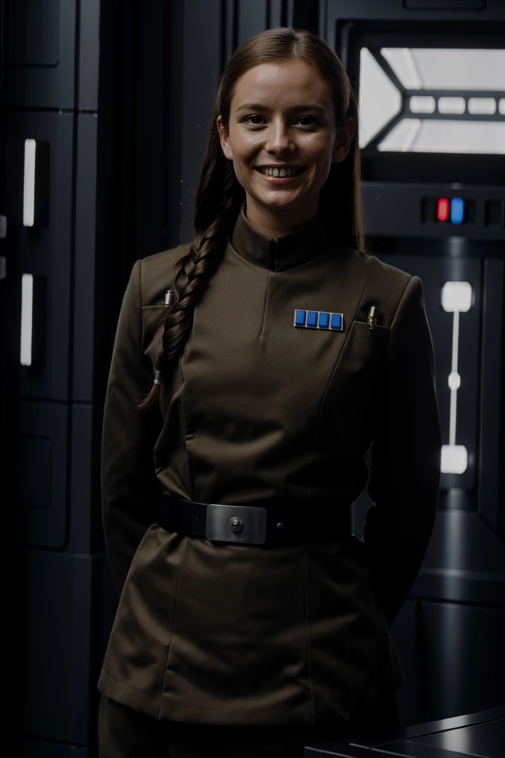 young woman with long hair in imperialofficer uniform smiling ,in a interrogation room, 8k uhd, dslr, soft lighting, high quality, film grain,masterpiece quality,Fujifilm <lora:ImpofficerV2:0.7>