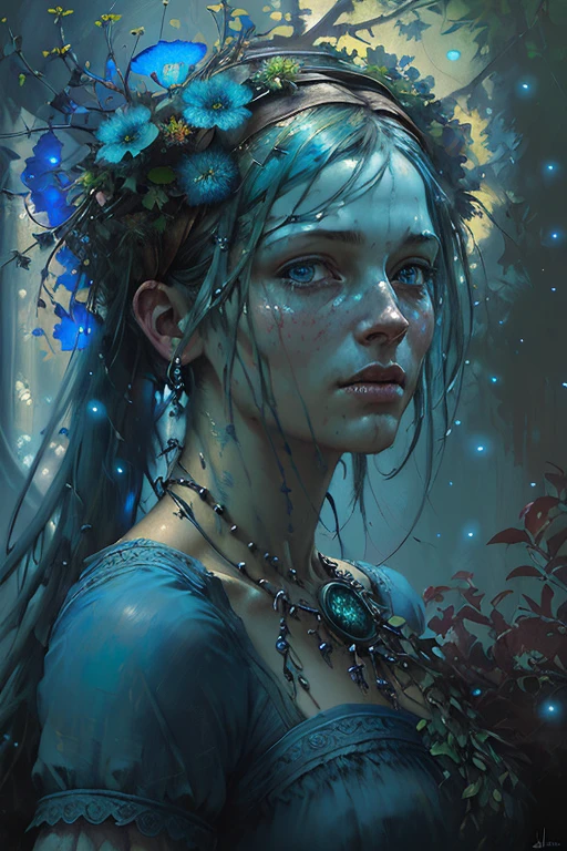 by Jeremy Mann, photorealistic, (male features), (colorful), Post-Production, Intricate, <lora:ghibliStyleConcept_v40:0.6>, (radiosity), blue eyes, (highest quality), a hyperrealistic colossal cyan raintree, gloomy, enjoyment, a wreath on her head, a closeup portrait of a playful maid, fireflies