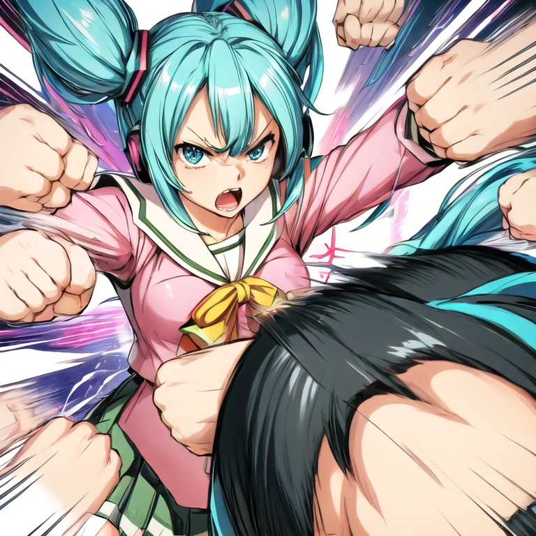<lora:rapid_punches3:1>best quality, hatsune miku, female focus, solo, fighting, incoming attack,<lora:pnkserafuku:1>(pnkserafuku:1.2), angry,
(hyper extreme ultra high speed countless rapid punches:1.3),
raised fist, multiple punches, multiple clenched hands, hokuto hyakuretsu ken, motion blur, motion lines, looking at viewer, serious, pov, ultra detailed, raytracing,
<lora:fineline-v2:1> <lora:flat2:-1>