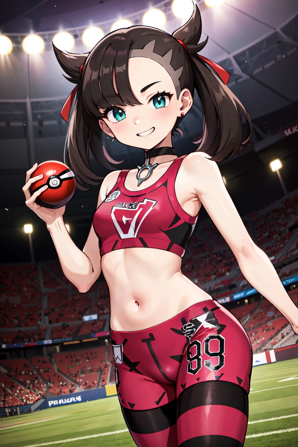 masterpiece, best quality, highres, hmmarnie, aqua eyes, black choker, red ribbon, earrings, jewelry, midriff, sports bra, bare shoulders, pants, leggings, <lora:marnie_v1:0.7>, standing, cowboy shot, stadium, holding poke ball, poke ball \(basic\), evil grin,