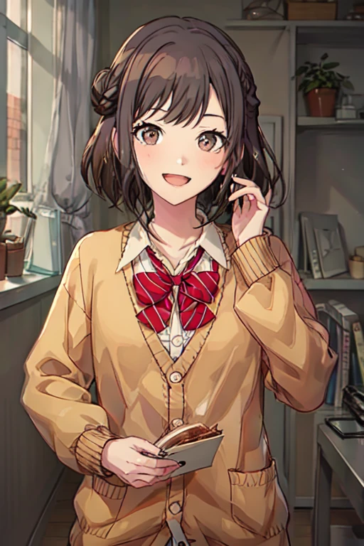 <lora:EnaOfficial-10:0.8>,highres , best quality, masterpiece, ena, 1girl, solo, long hair, looking at viewer, blush, smile, open mouth, brown hair, shirt, long sleeves, bow, brown eyes, school uniform, white shirt, upper body, :d, striped, collared shirt, hand up, bowtie, red bow, sleeves past wrists, swept bangs, cardigan, red bowtie, half updo, hand to own mouth