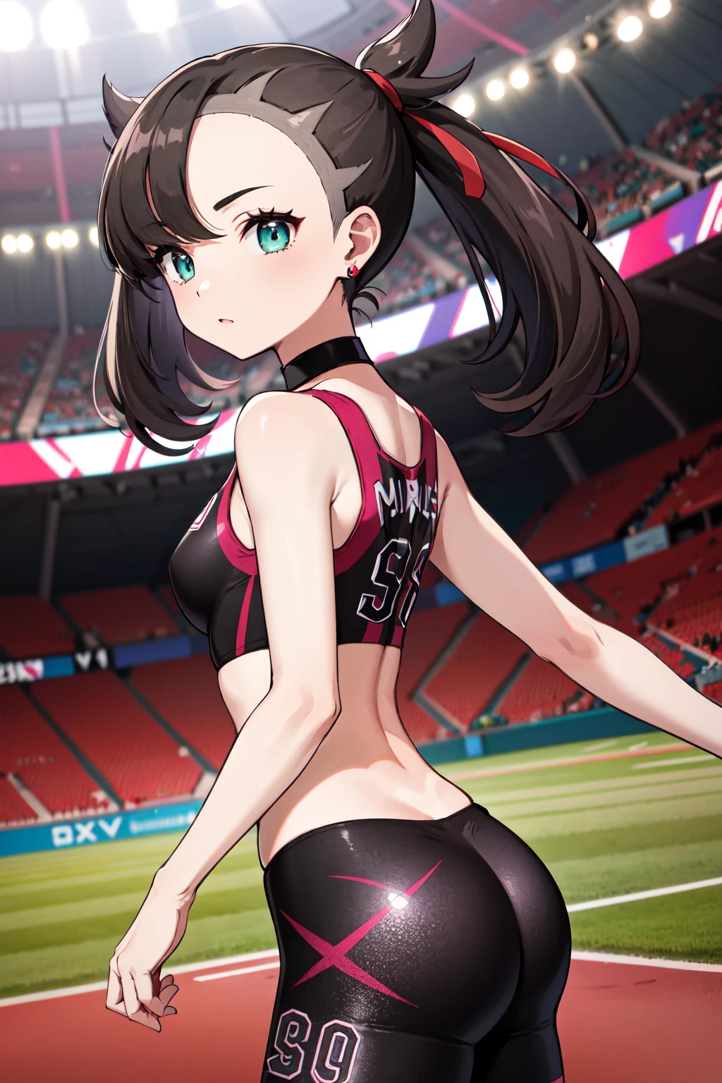 masterpiece, best quality, highres, hmmarnie, aqua eyes, black choker, red ribbon, earrings, jewelry, midriff, sports bra, bare shoulders, pants, leggings, <lora:marnie_v1:0.7>, from side, stadium,