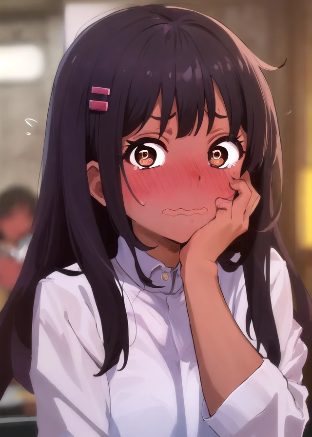 embarrassed, 1girl, blush, wavy mouth, hair ornament, hairclip, solo, sweat, black hair, brown eyes, looking at viewer, blurry, long hair, dark-skinned female, full-face blush, blurry background, shirt, bangs, dark skin, (wide eyes, embarrassed)