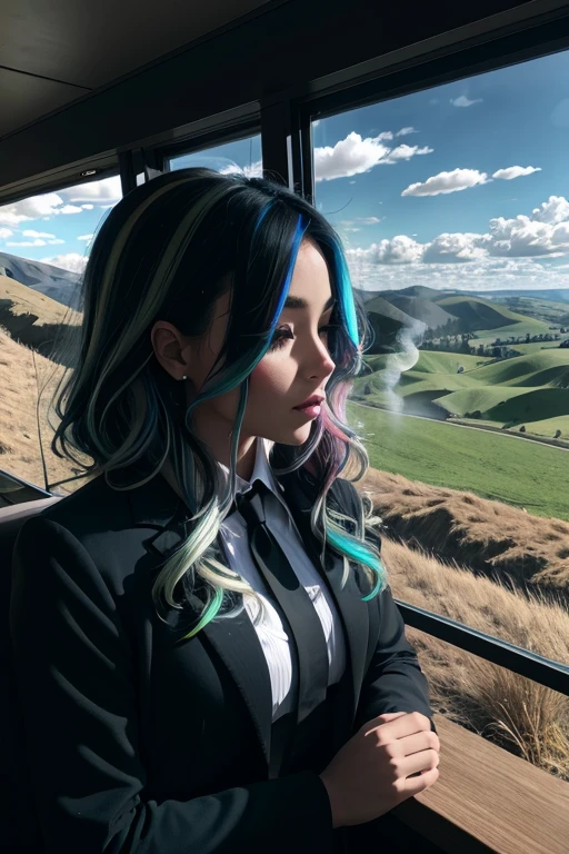big windows, outdoors, grass hills, noir coloration, multicolor hair, smoke
