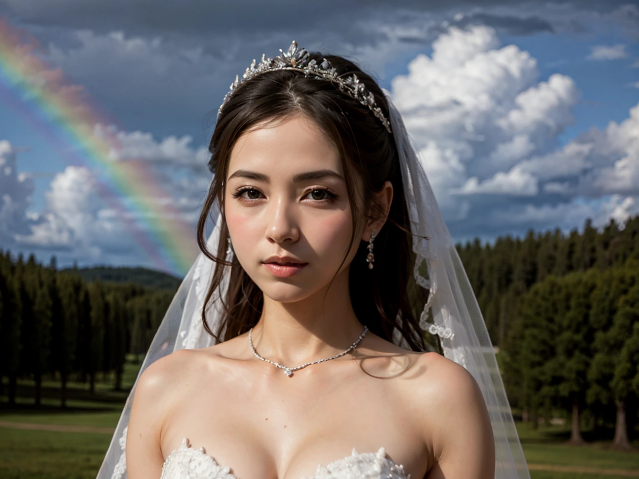 (best quality, masterpiece:1.2),ultra detailed,(photo realistic:1.4),solo,cute girl,seethrough_wedding_dress, <lora:SeethroughWeddingDress_v1:0.5>,rainbowsky_background, <lora:RainbowSky_v1:0.6>,