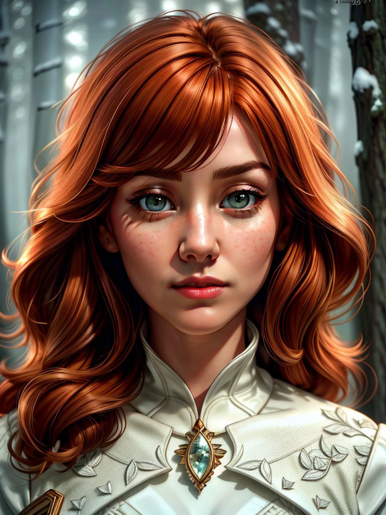 close up of a european woman, ginger hair, winter forest, natural skin texture, 24mm, 4k textures, soft cinematic light, RAW photo, photorealism, photorealistic, intricate, elegant, highly detailed, sharp focus, ((((cinematic look)))), soothing tones, insane details, intricate details, hyperdetailed, low contrast, soft cinematic light, dim colors, exposure blend, hdr, faded