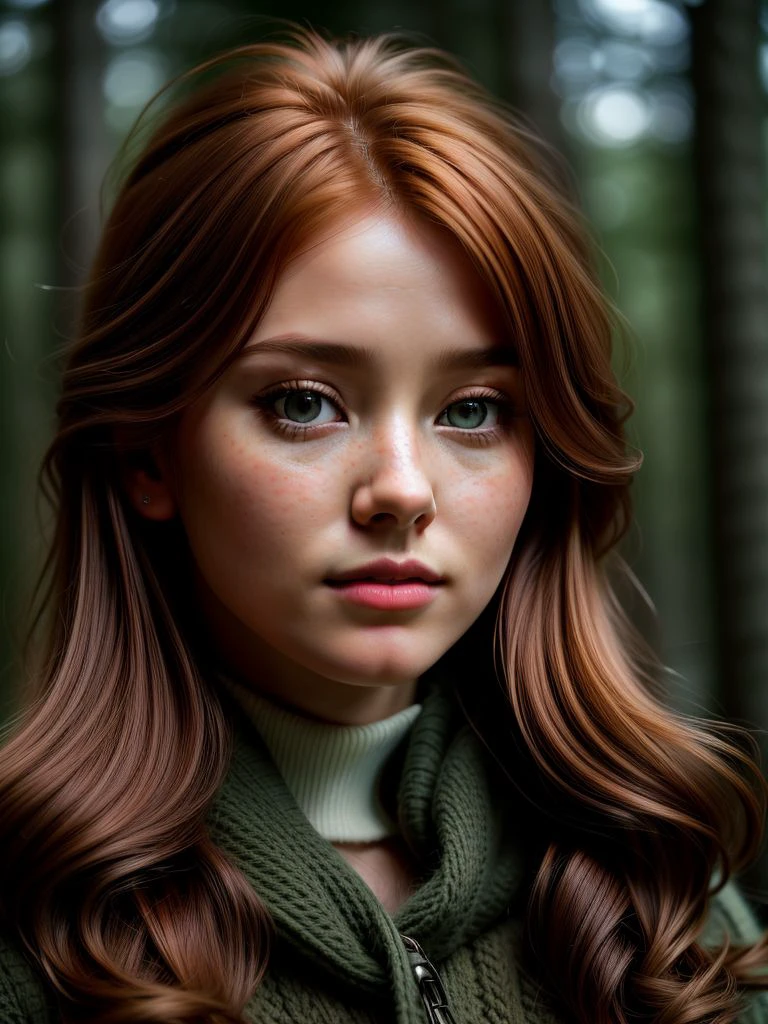 close up of a european woman, ginger hair, winter forest, natural skin texture, 24mm, 4k textures, soft cinematic light, RAW photo, photorealism, photorealistic, intricate, elegant, highly detailed, sharp focus, ((((cinematic look)))), soothing tones, insane details, intricate details, hyperdetailed, low contrast, soft cinematic light, dim colors, exposure blend, hdr, faded