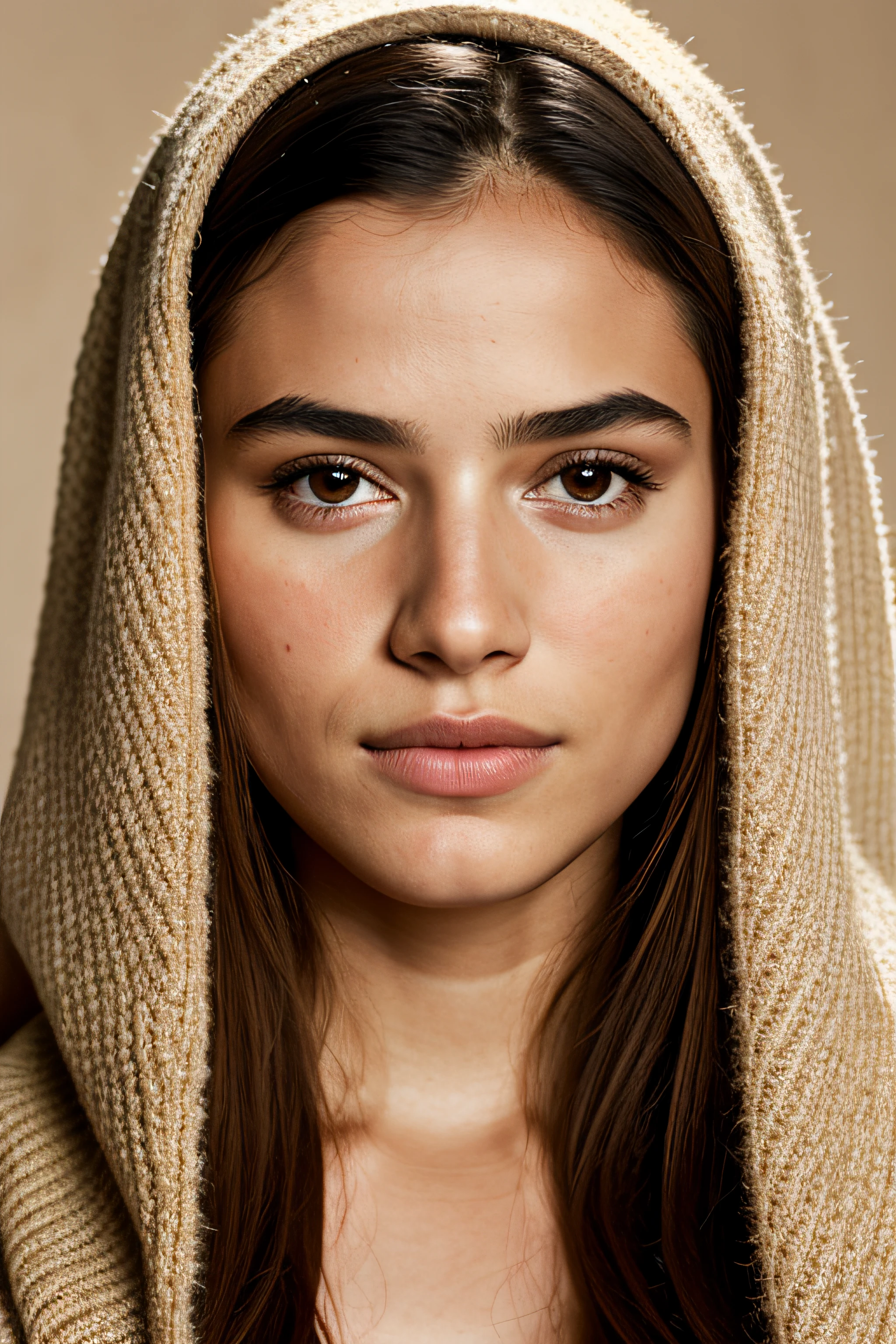 a photorealistic portrait of a stunningly beautiful woman without make-up, extremely detailed light hazel eyes, detailed symmetric realistic face, natural skin texture, extremely detailed skin with skin pores, peach fuzz, messy hair, wearing shawl over her head, masterpiece, absurdres, award winning photo by lee jeffries, nikon d850 film stock photograph, kodak portra 400 camera f1.6 lens, extremely detailed, amazing, fine detail, rich colors, hyper realistic lifelike texture, dramatic lighting, unrealengine, trending on artstation, cinestill 800 tungsten, looking at the viewer, photo realistic, RAW photo, TanvirTamim, high quality, highres, sharp focus, extremely detailed, cinematic lighting, 8k uhd