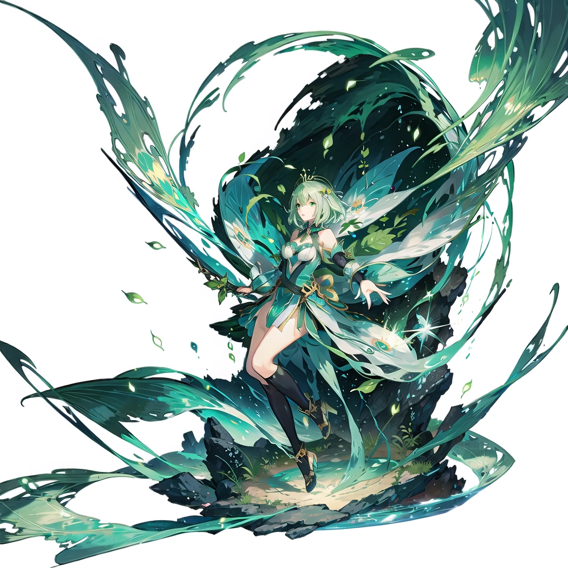 <lora:GachaSplashVFairY:0.6>,(white background:1.5), wide view, wide angle, 1girl, solo, breasts, short hair, full body, green circle, fairy, fantasy, magic, green leafs, dome, standing on surface,