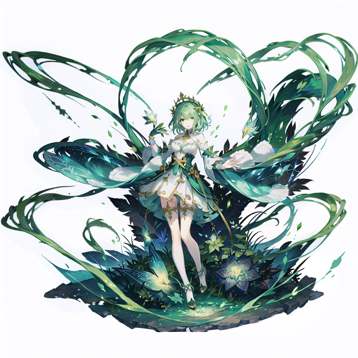 <lora:GachaSplashVFairY:0.6>,(white background:1.5), wide view, wide angle, 1girl, solo, breasts, short hair, full body, green circle, fairy, fantasy, magic, green leafs, dome, standing,