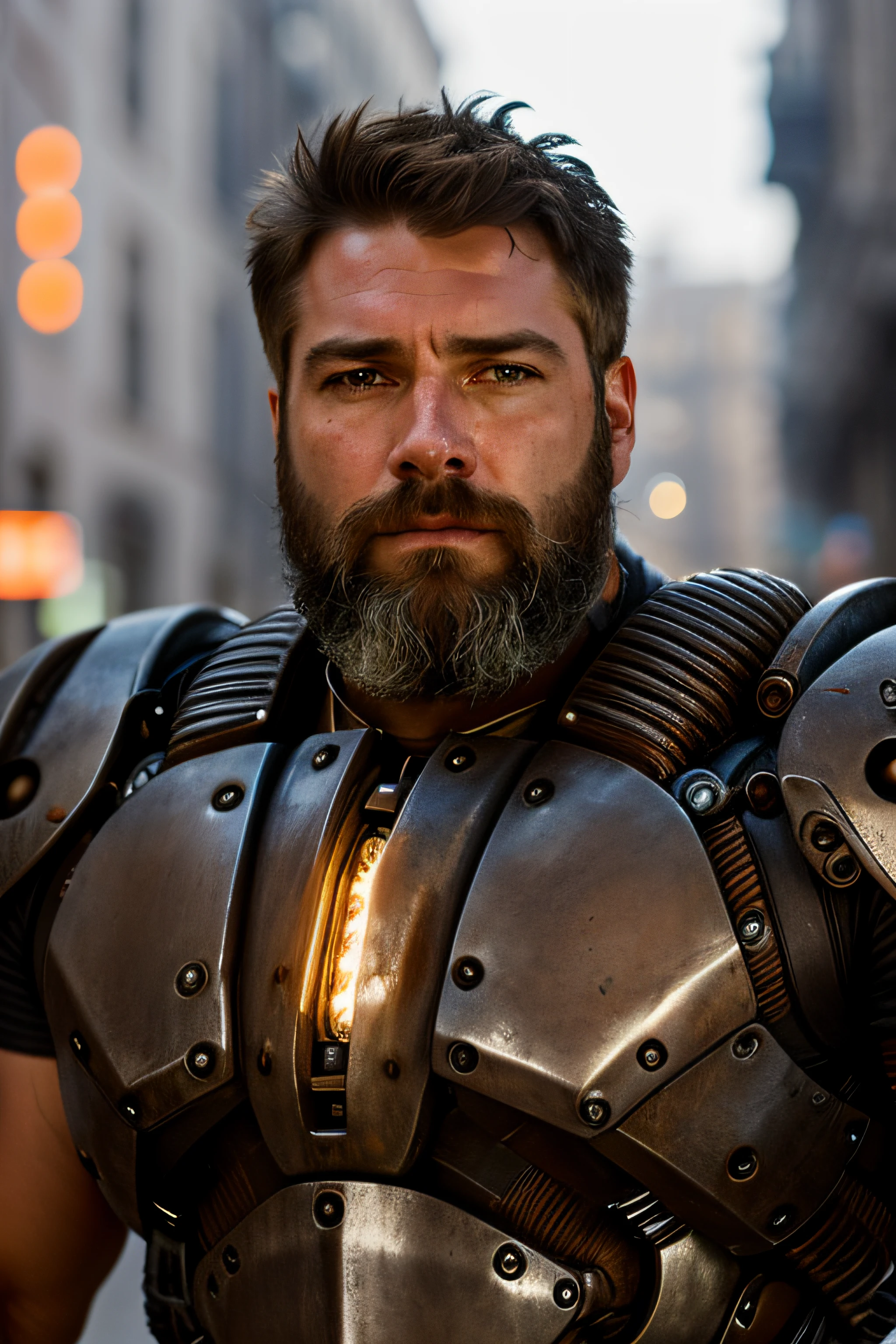 Portrait photo of muscular bearded guy in a worn mech suit, ((light bokeh)), intricate, (steel metal [rust]), elegant, sharp focus, photo by greg rutkowski, soft lighting, vibrant colors, (masterpiece), ((streets)), (detailed face:1.1), eye iris