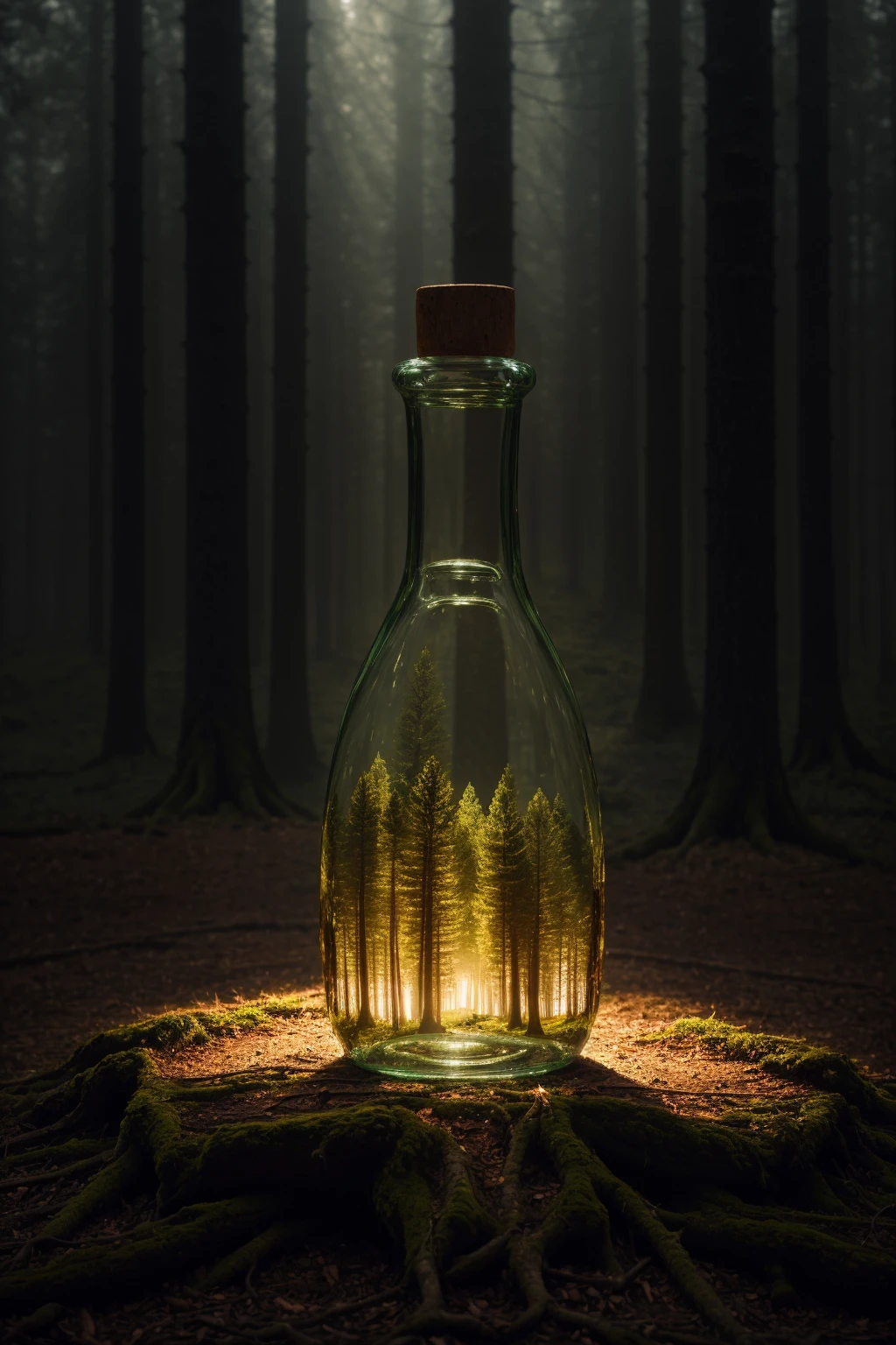 (An intricate forest minitown landscape trapped in a bottle), atmospheric oliva lighting, on the table, 4k UHD, dark vibes, hyper detailed, vibrant colours forest background, epic composition, octane render, sharp focus, high resolution isometric