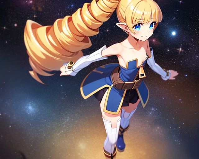 Archer, blond hair,drill hair,flat chest,pointy ears,blue eyes , standing, smiling close up, full body,
ArcDres,detached sleeves,bare shoulders, strapless dress,zipper,boots,belt ,white thighhighs,
brick road, outer space, stars,
(insanely detailed, beautiful detailed face, masterpiece, best quality) <lora:Archer:0.8>