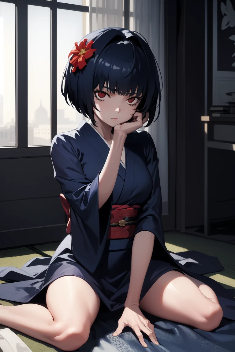 masterpiece, best quality, absurdres, perfect anatomy, 1girl, solo, Tae Takemi, short hair, indoors, kimono, hair flower, floral print, wariza, sitting, hands on own knees