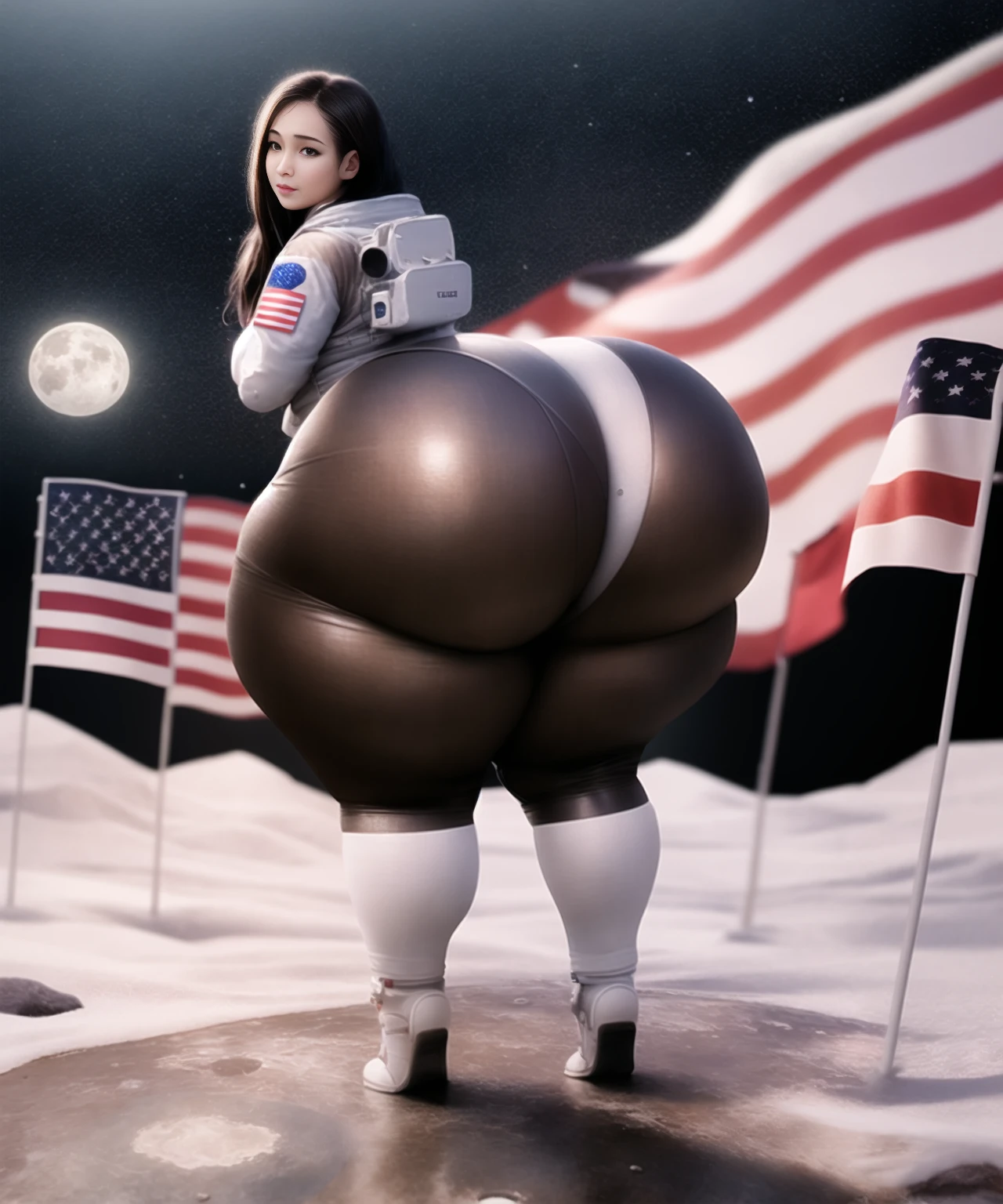 masterpiece, best quality, 1girl, slimthick, bottomheavy, massive thighs, hyper hips, gigantic ass, from behind,  looking back, realistic,
1girl, American, astronaut, space suit, on the surface of the moon, planting flag on the moon, (flat chest), long hair, skindentation, solo, lunar rover in the background,
<lora:hyper_bottom_heavy_v3_weighted-lr2e-4-4b-4ga-16dim-flip-te1e-4-tkn225-a8-t_drp0.15-drp0.3-cosine_with_restarts-cap_weight2-n-locon-[bottomheavy]-000160-:1.1>