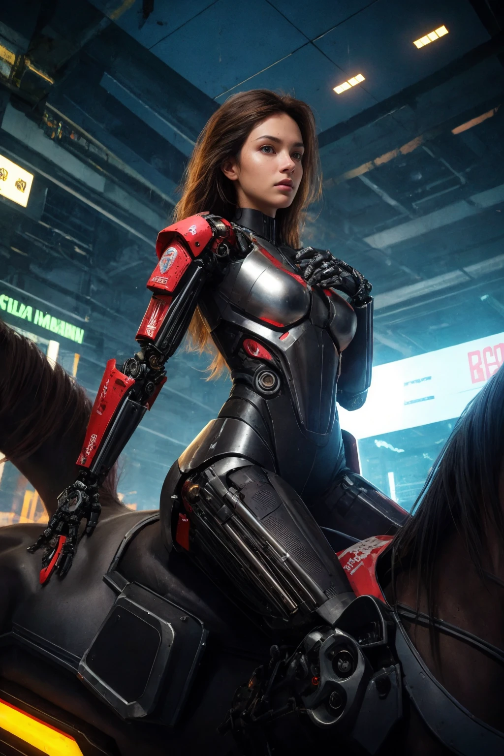 realistic, detailed, best illustrations, intricate details
break,
1girl, solo, long hair, extremely beautiful, slender, tanned skin, small breast, detailed skin complexion, seductive face, nanosuit, bodyarmor, mechanical spine, mechanical arm, robotic armor, bodysuit, ((riding a horse)), open jacket, looking at viewer
break,
detailed background, futuristic, fantasy, brutalist architecture, sci-fi, cyberpunk, dystiopian, night, highway
break,
perspective, rule of third, depth and dimension, depth of field, light and shadow contrast,
break,