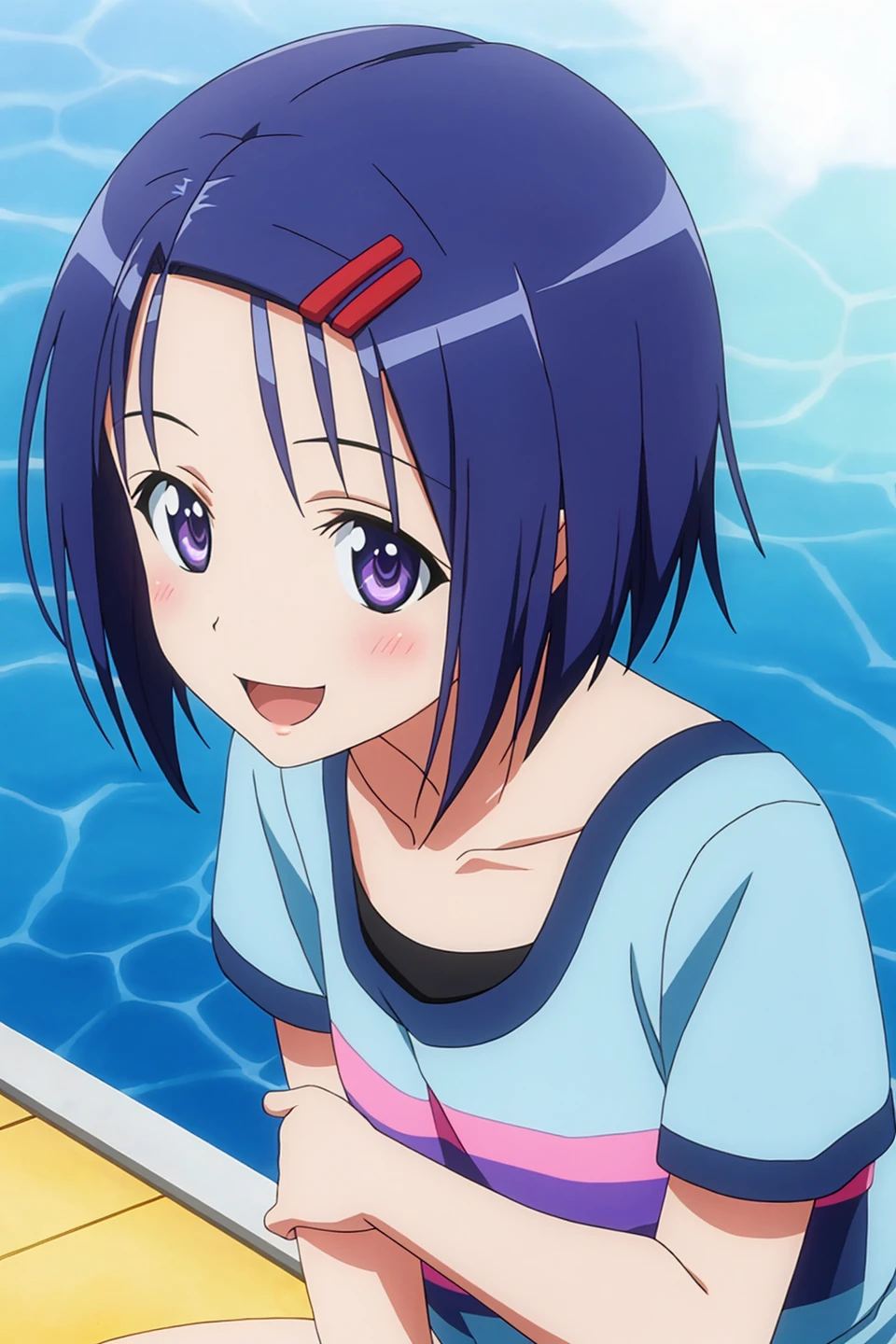 haruna, anime art style, 1girl, solo, smile, short_hair, open_mouth, hair_ornament, sitting, blue_hair, purple_eyes, collarbone, short_sleeves, hairclip