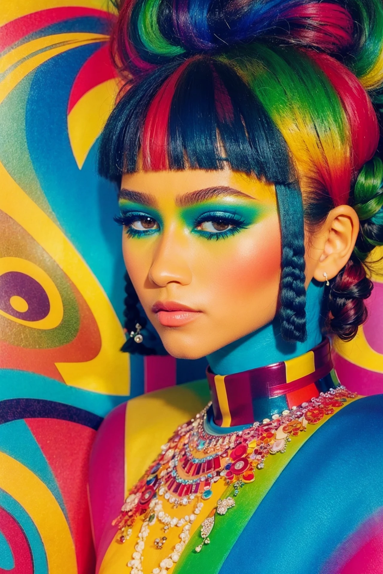 <lora:Zendaya:0.85> Abstract artwork that uses colorful overlapping shapes to create a portrait of a beautiful female. The look should be inspired by the unique painting styles found in cubism with an emphasis on texture and intricate detail including hand - drawn typefaces& organic flourishes around the eyes, cheeks& nose