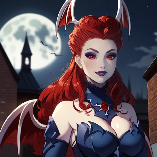 Lillith,long red curly hair, pale blue skin, lips,red eyes,makeup, standing, upper body, smiling, close up,
LillDre,head wings,detached sleeves,thighhighs,bare shoulders,cleavage,high heels,dress ,jewelry,
nighttime, moonlight, brick road,
(insanely detailed, beautiful detailed face, masterpiece, best quality)
<lora:Lillith-08:0.8>