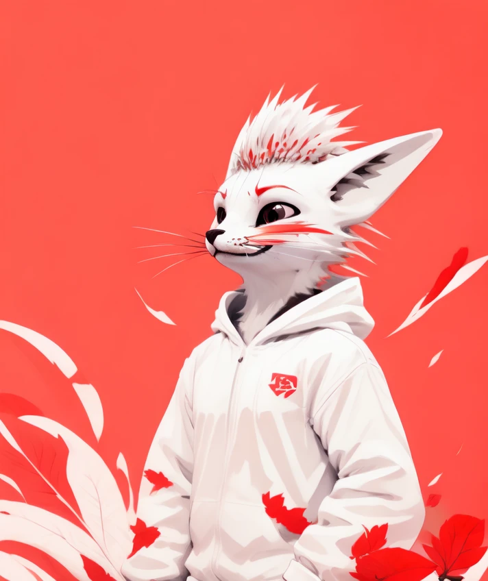 monocolor red, (rexouium:1.2), red ink art, red, epic, painting, good composition, cute, portrait, white hoodie, smiling, 3/4 view, three-quarter view, white feather hairs, portrait, looking up, up view, dynamic red leaves background
<lora:vrcfurry_v3.2:0.75> <lora:lihui-v31-32-16-1e-4-re4-ep4-768:1>