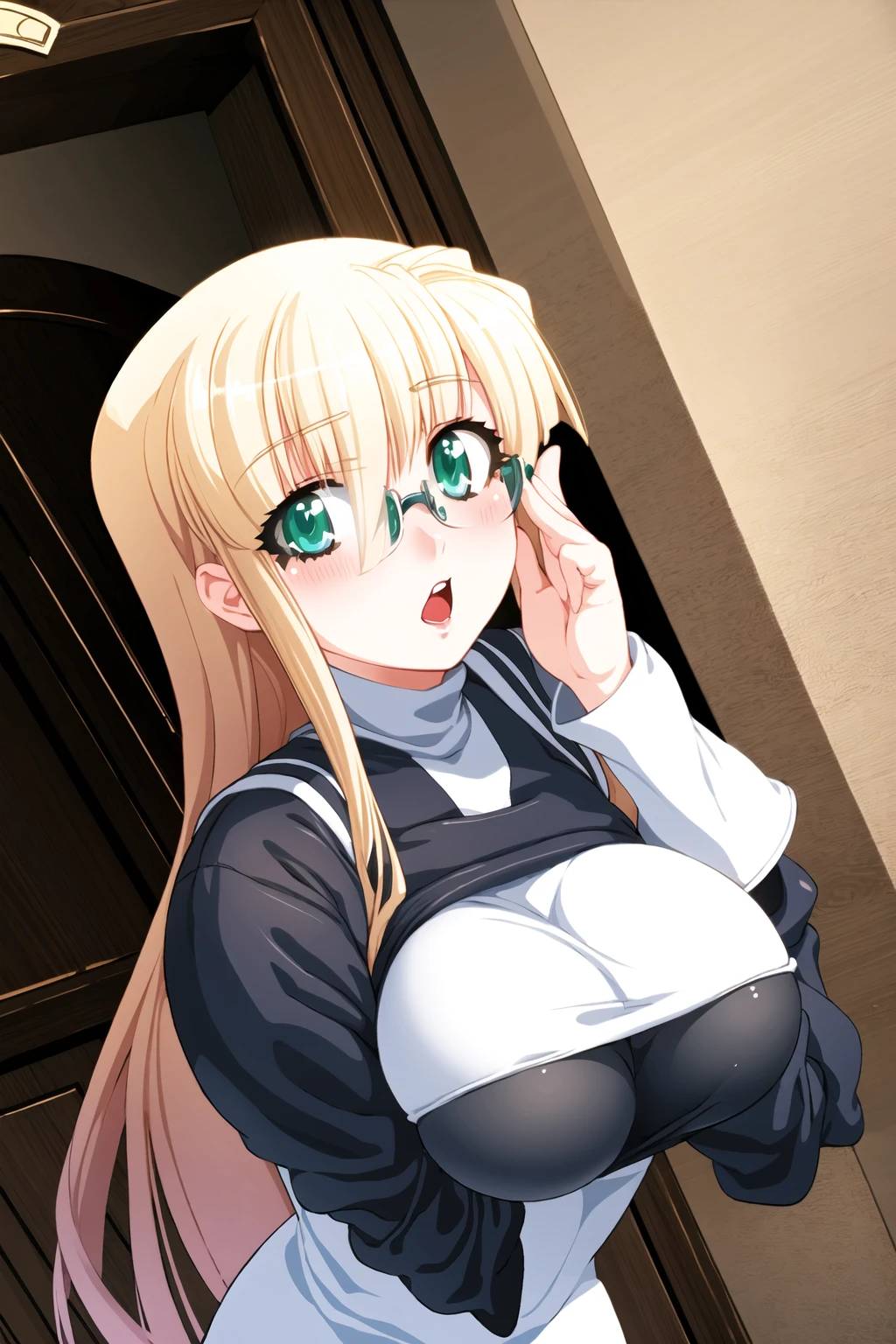 ((masterpiece, high quality, best quality)),
1girl, glasses, blonde hair, huge breasts, monastic clothes, green eyes, open mouth, blush, long sleeves, blue eyes, indoors, dutch angle, upper body,
<lora:nithe-style_v1.1:1.0>