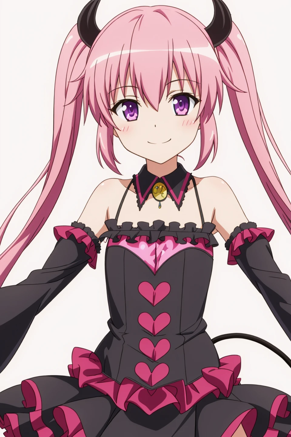 nana, anime art style, 1girl, solo, long_hair, looking_at_viewer, smile, dress, bare_shoulders, twintails, purple_eyes, tail, pink_hair, detached_sleeves, flat_chest, demon_tail