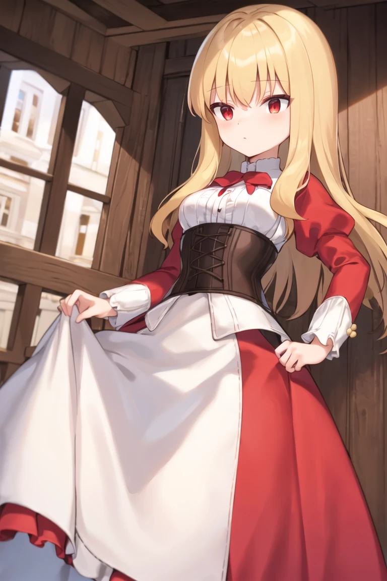 Masterpiece, Best Quality, <lora:Claudia_Local_4_03:1>, Claudia, blonde hair, red eyes, red dress, red puffy sleeves, long sleeves, white shirt, corset, white skirt