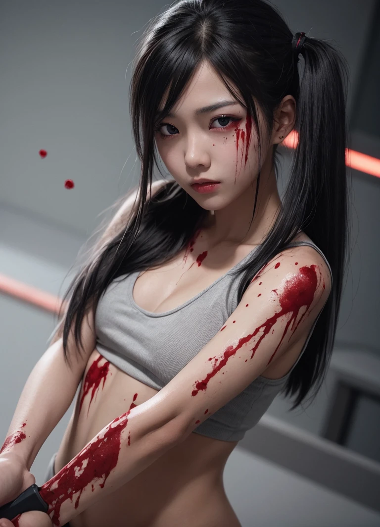 masterpiece, best quality, 1girl, black hair, low twintails, red eyes, hair between eyes, dynamic angle, blood splatter, weapon, depth of field