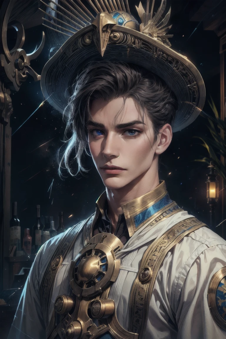 (Absurdres, intricate details, masterpiece, best quality, high resolution, 8k), (1man), (male:1.2), mature, aged up, handsome face, chiseled jawline, finely detailed eyes and face, thin body, sophisticated manner, bisque skin, dark red layered comb over hair, blue eyes, overwhelmed face, portrait, looking up, solo, half shot, detailed background, detailed face, (<lora:DwemerTech:0.7> dwemertech, brass theme:1.1), inventor,  shirt, technology,  fantasy science lab in background, physics, particle accelerator,  sparks, nuclear science, dark matter,   blackboard, bright lighting, flashing lights, <lora:CulturePunkBundle:0.5>, OldEgyptAI, ancient egyptian, elaborate details, VFX, Motion Blur, Cinematic Pose, Deep Focus, Eye Level Shot, Natural Lighting, Tone-mapping, Ambient Occlusion, Secondary Fill Light, Spectacular Map, Color Punch Overlay.