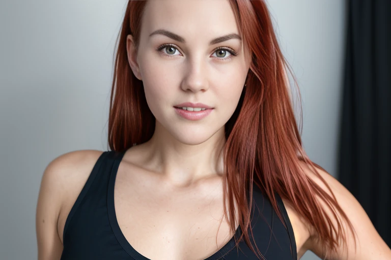 a portrait of DEN_charlie_redd in front of a [plain black background] wearing a black tank top, collarbone, [headshot], [centre frame], looking at the camera, facing the camera,
[gentle smile closed mouth], dynamic lighting, mole above her lip on the right,
photorealistic, high detail, detailed, masterpiece, 8k, highres, flawless, colour, professional