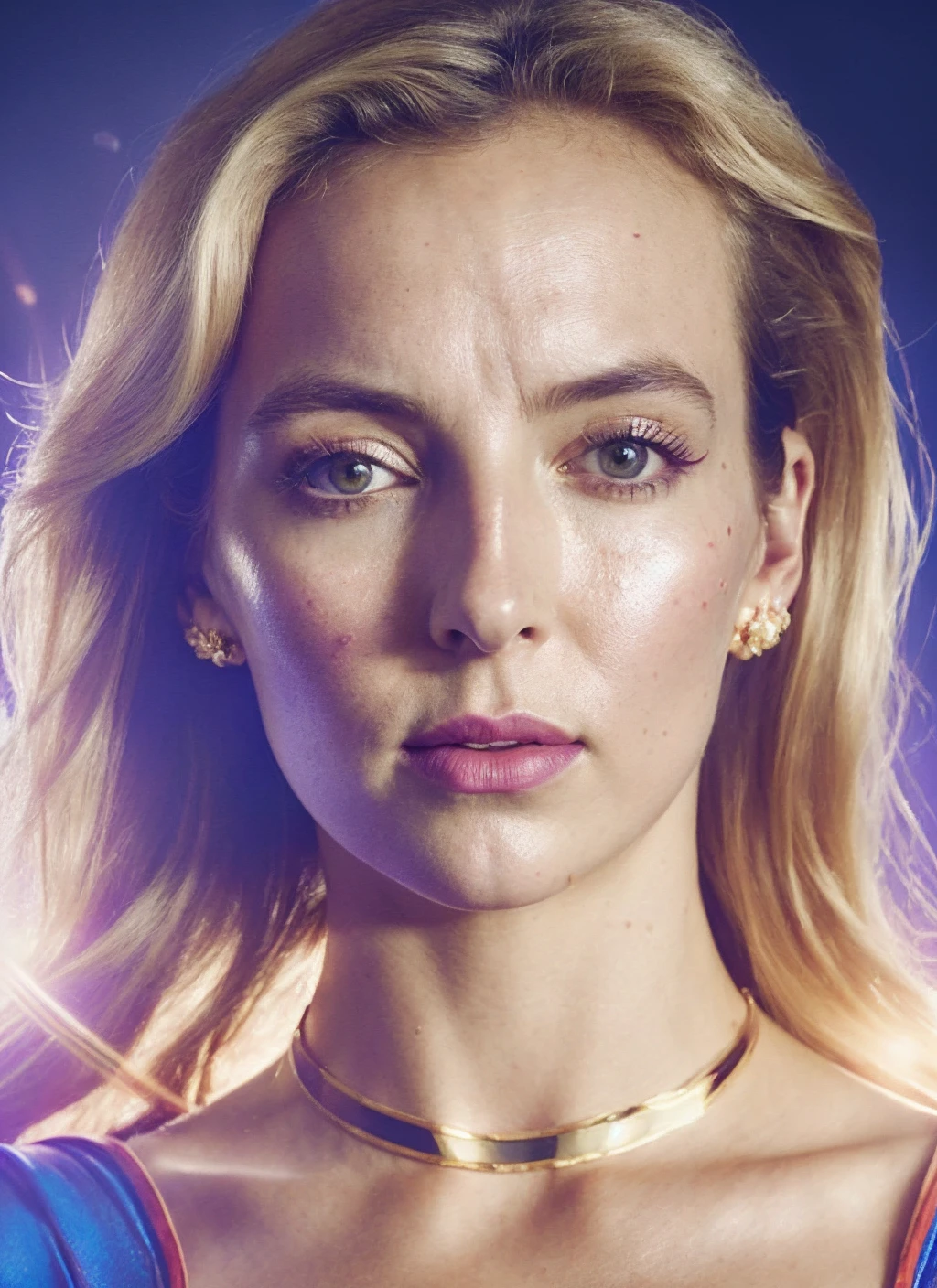 <portrait of sks woman as supergirl, feminine, epic > (photo, studio lighting, hard light, sony a7, 50 mm, hyperrealistic, big depth of field, mate skin, pores, wrinkles, concept art, colors, hyperdetailed, hyperrealistic)