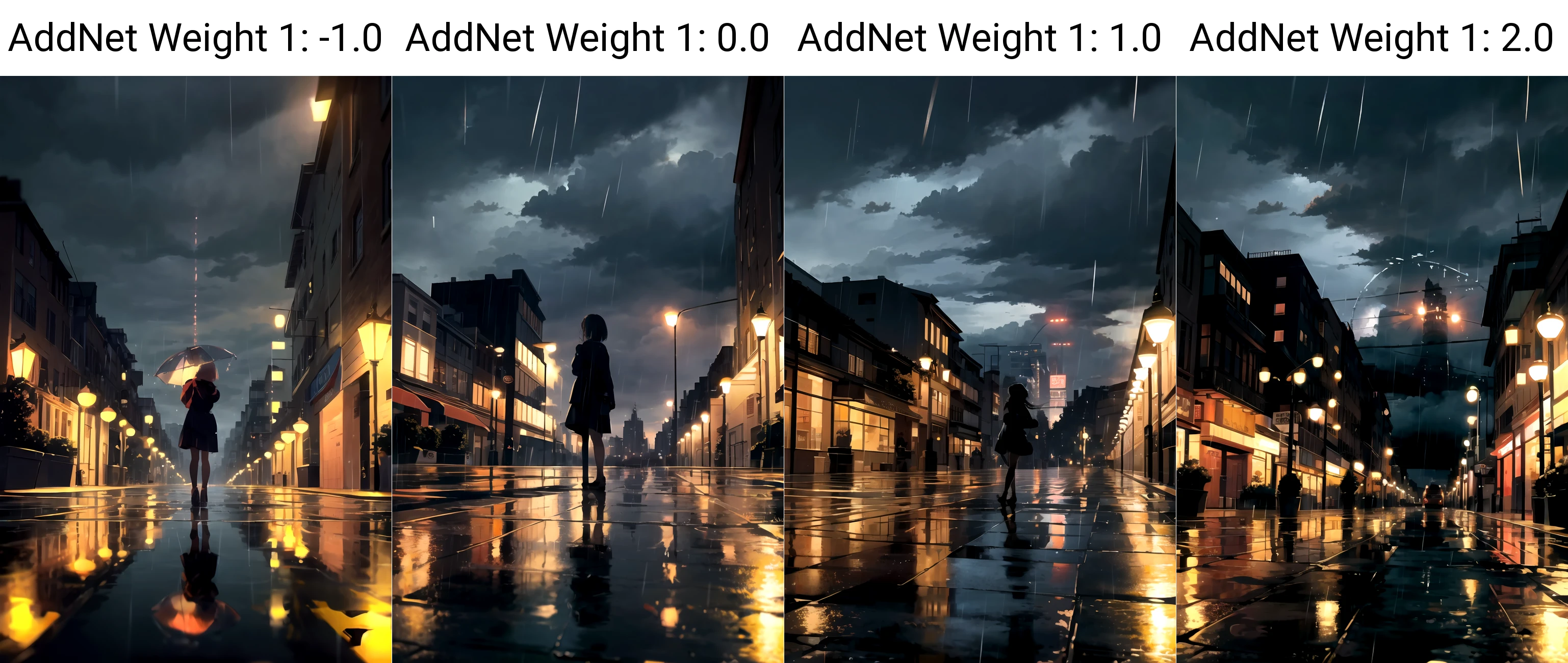 best quality, masterpiece, rain, scenery, lamppost, building, sky, outdoors, solo, night, reflection, 1girl, city, cloud,