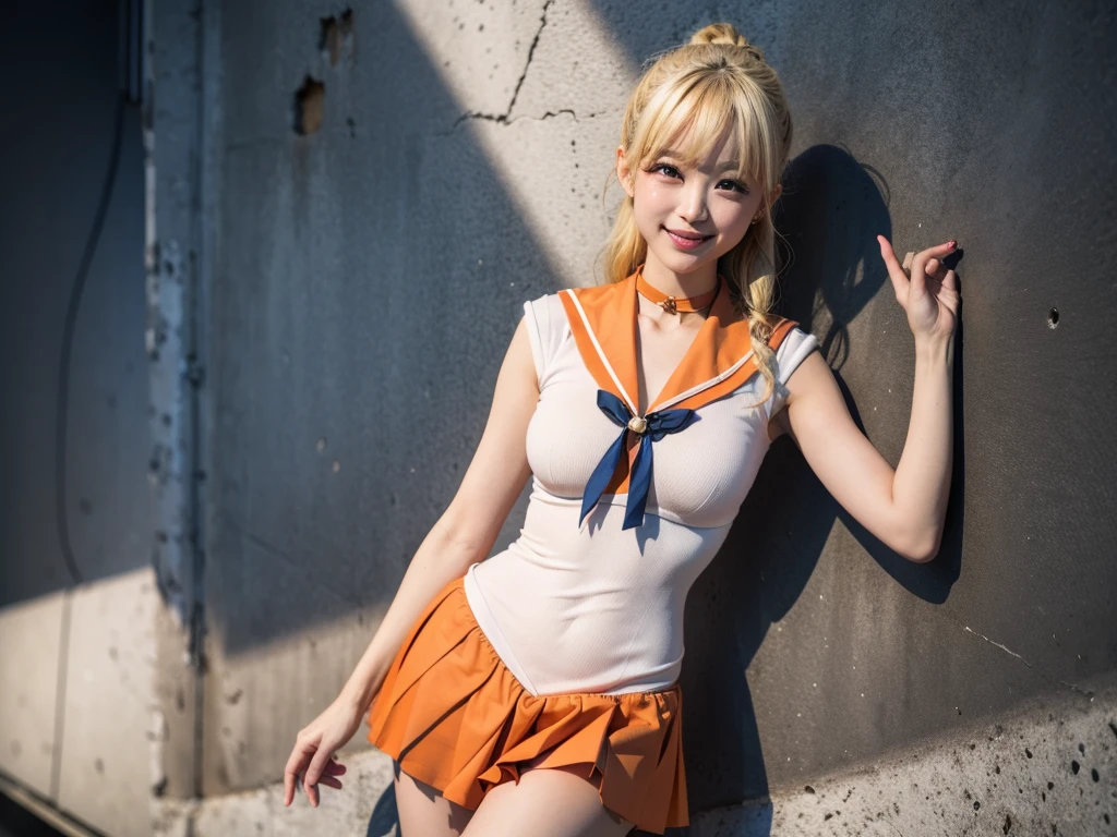 <lyco:11_longyes:0.2> <lyco:12_longyes:0.3> smile,waist,hip,1girl, solo, <lora:sailorVenusSailor_v10:0.7> venus1, aino minako, sailor venus, orange skirt, pink collar, blonde hair,