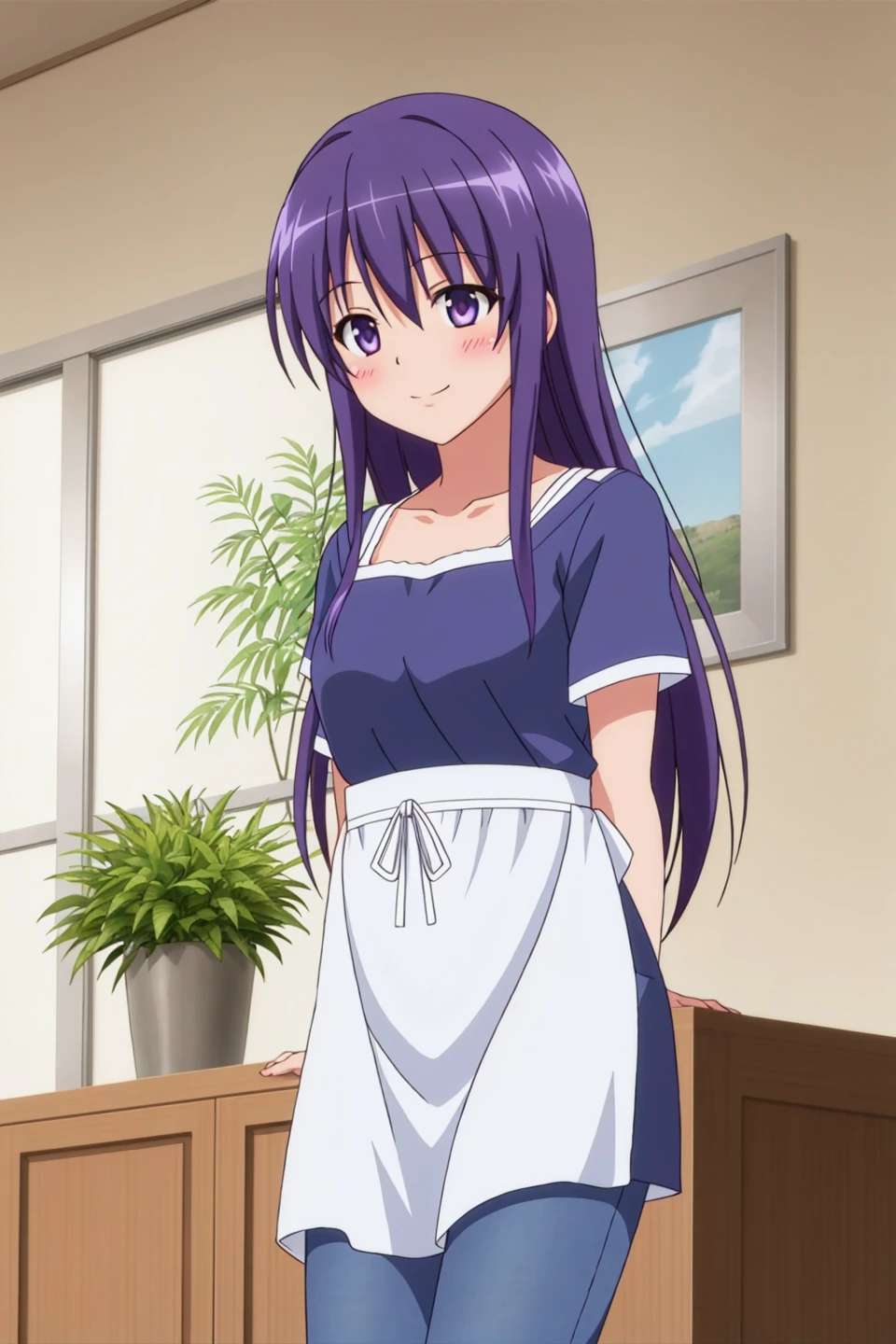 akiho, anime art style, 1girl, solo, long_hair, blush, smile, blue_hair, purple_eyes, collarbone, purple_hair, short_sleeves, pants, indoors, apron, plant, jeans