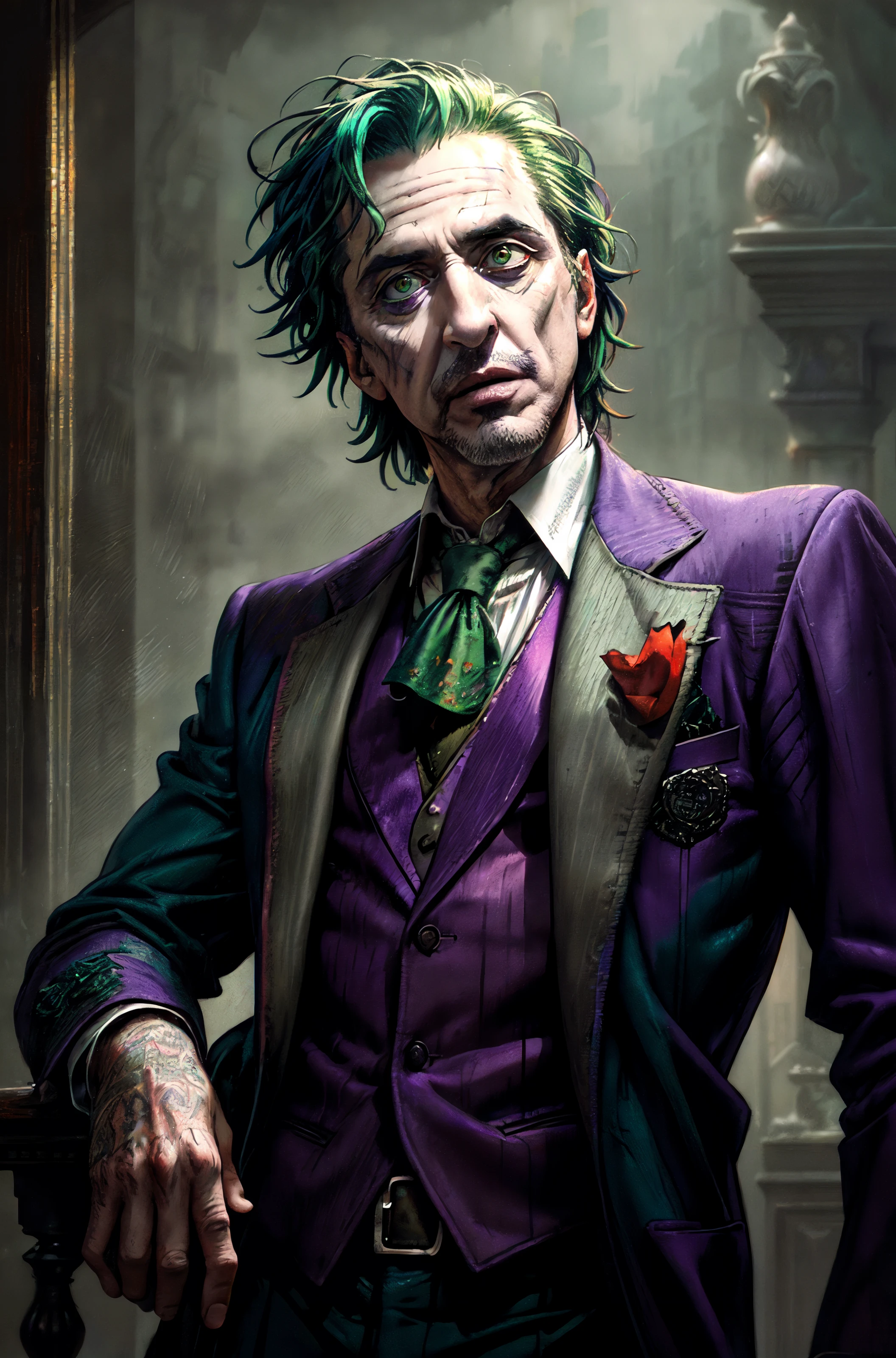 (Al Pacino as The Joker) ,epic, realistic, faded, neutral colors, ((((hdr)))), ((((muted colors)))), intricate scene, artstation, hyperdetailed, cinematic shot, warm lights, dramatic light, intricate details, vignette, complex background, [[teal and orange]], slate gray atmosphere, perfect lighting, perfect shading, (photorealistic:1.6), (((purple jacket))), <lora:add_detail:0.6>,