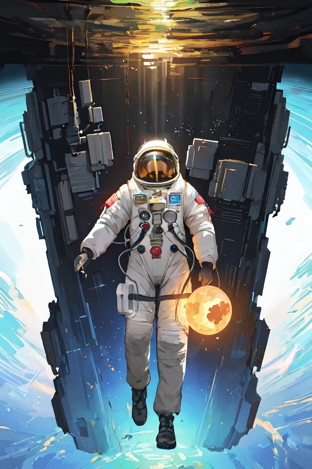 infrared concept art by craig mullins astronaut holds a black hole in his hands in futuristic dark and empty spaceship underwater. complex and hyperdetailed technical suit. mandelbulb fractal. reflection and dispersion materials. rays and dispersion of light. volumetric light. 5 0 mm, f / 3 2. noise film photo. flash photography. octane render. interstellar movie art