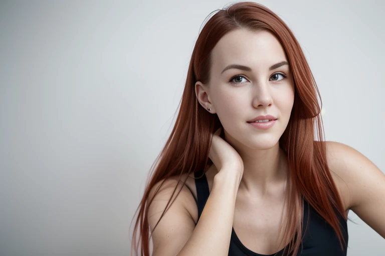 a portrait of DEN_charlie_redd in front of a [plain black background] wearing a black tank top, collarbone, [headshot], [centre frame], looking at the camera, facing the camera,
[gentle smile closed mouth], dynamic lighting, mole above her lip on the right,
photorealistic, high detail, detailed, masterpiece, 8k, highres, flawless, colour, professional