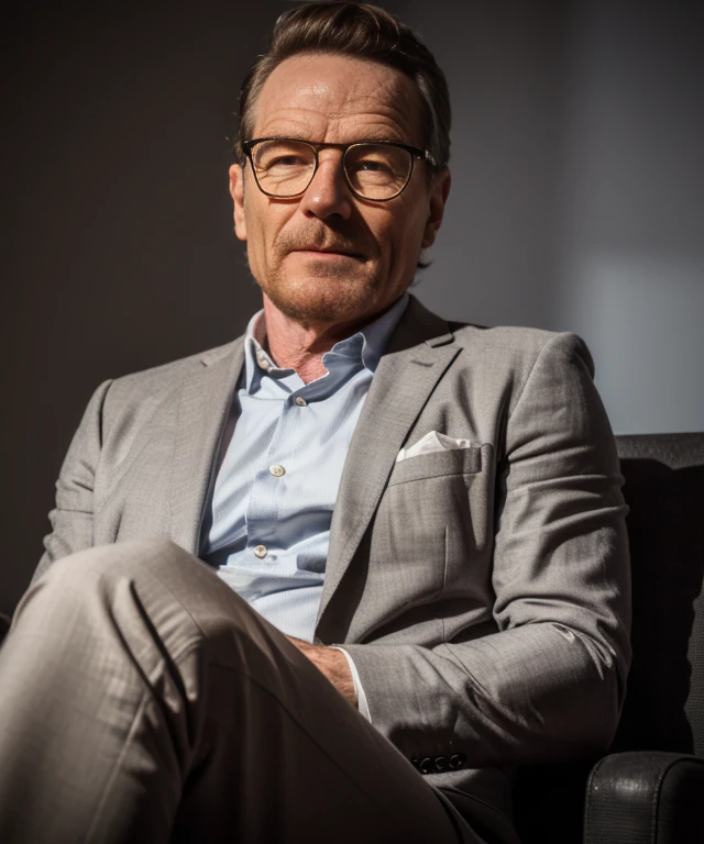 (A medium photo of bryan cranston,age up,old,grey hair),wearing(brown suit,glasses),crossed legs,grey background, (masterpiece:1.2) (photorealistic:1.2) (bokeh) (best quality) (detailed skin) (intricate) (8k) (HDR) (cinematic lighting) (sharp focus) (Clutter-Home:1.2),
<lora:bryancranston:0.9>