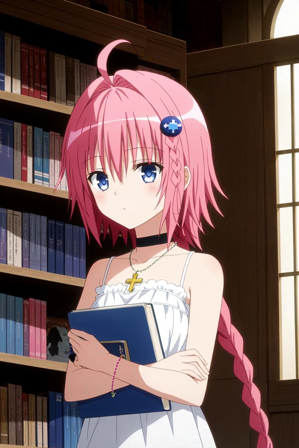 mea, anime art style, 1girl, solo, long_hair, blue_eyes, hair_ornament, bare_shoulders, jewelry, very_long_hair, pink_hair, braid, ahoge, choker, indoors, necklace, book, single_braid, expressionless, cross, bookshelf
