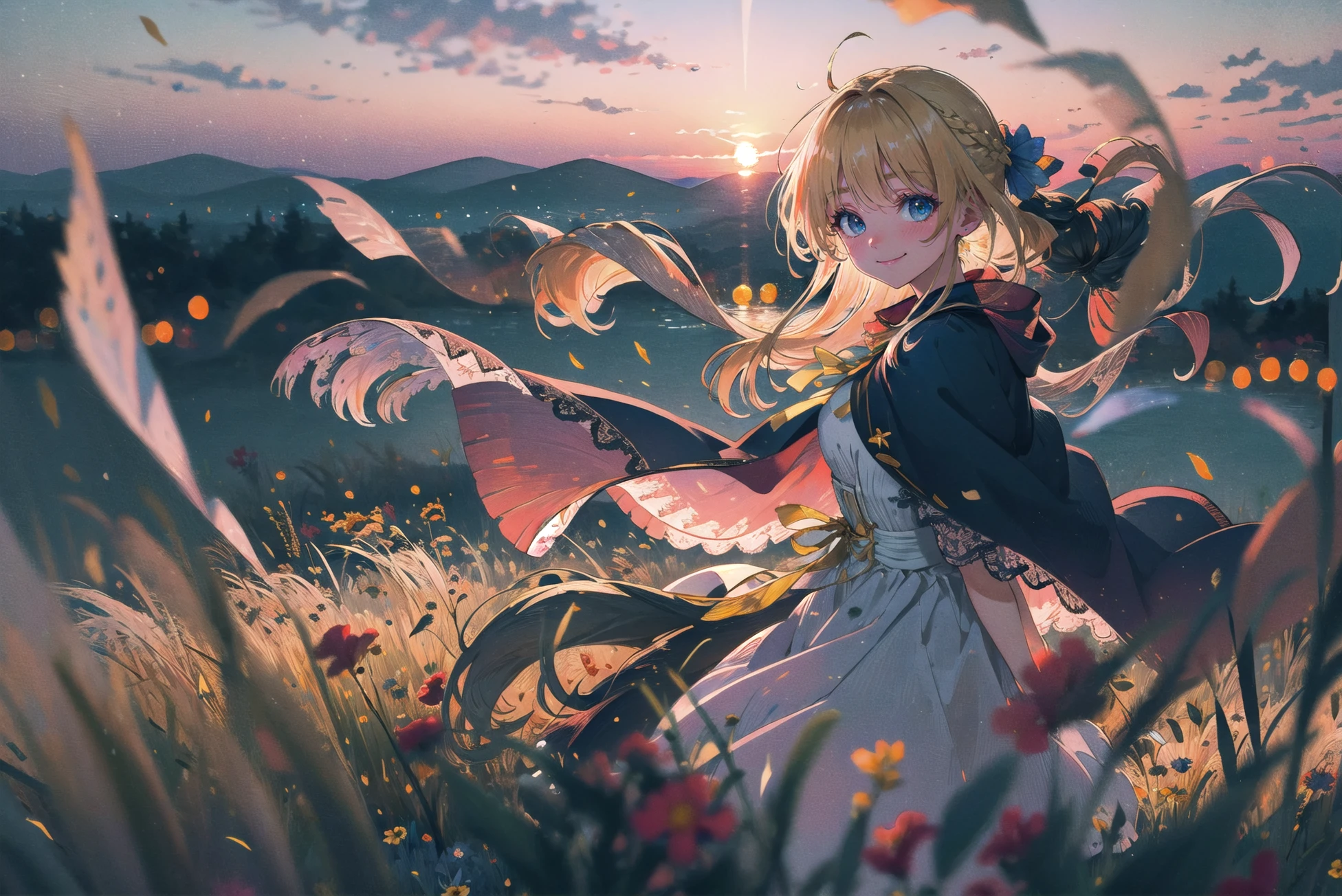 best quality, masterpiece, extremely detailed, detailed background, 1girl, solo, yellow hair, blue eyes, braid, long hair, wavy hair, fluffy hair, ponytail, french braid, blush, smile, capelet, lace trim, bodice, sunset, dusk, scenery, high place, horizon, wind, wind blow, flowerbed, looking at viewer, depth of field, bokeh